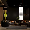 Modern Lounge Room Interior With Wooden Bookshelves Sofas Coffee Table And Green Plant