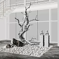 Karesansui Dry Landscape Garden With Withered Tree Pebbles And Stone Statues