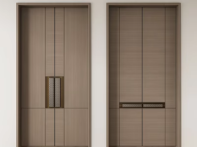 Modern Wooden Double Doors With Vertical Stripe Design And Metal Accents 3d model