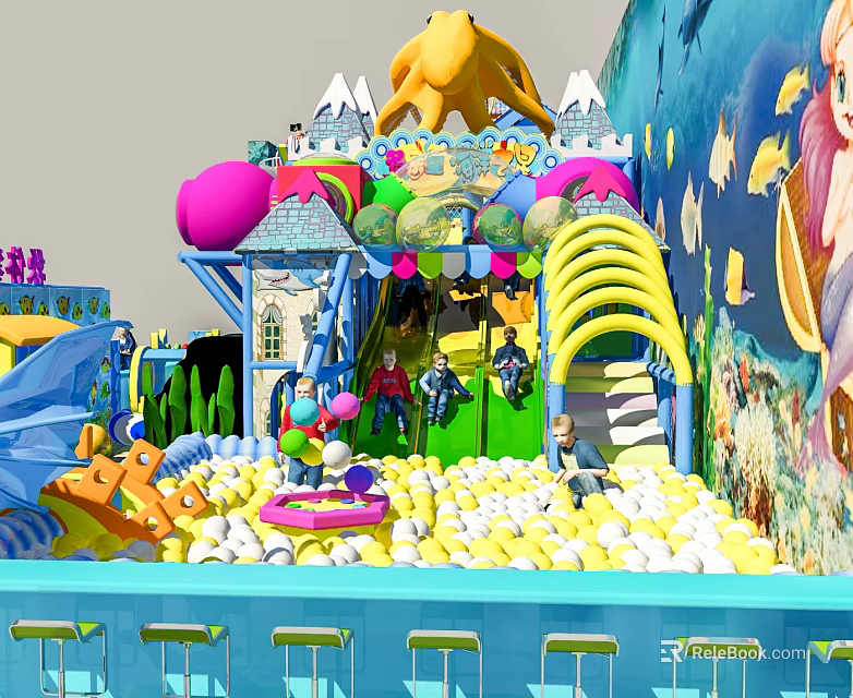 Commercial Kids Play Equipment With Marine Theme Castle Slide And Colorful Ball Pit 3d model 