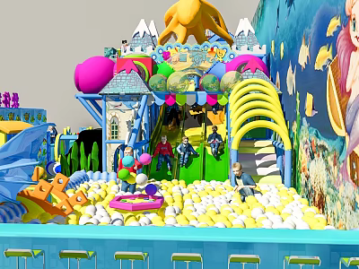 Commercial Kids Play Equipment With Marine Theme Castle Slide And Colorful Ball Pit 3d model