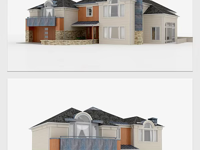 Single Family Home Exterior Design Featuring Gabled Roof Stone Walls Arched Windows And Front Porch 3d model
