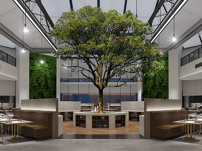 Modern Restaurant Interior Featuring Large Tree Living Plant Walls With Dining Tables 3d model