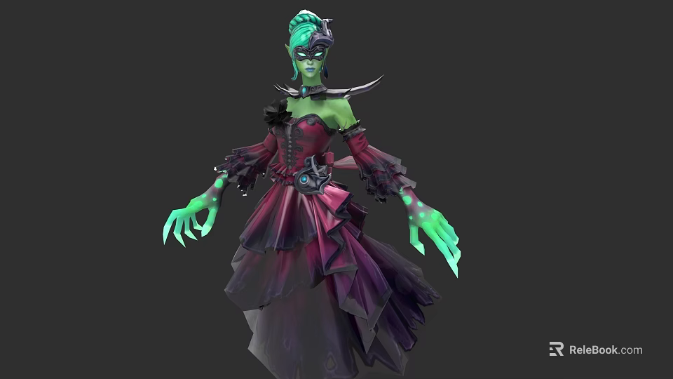 Mystical Game Movie Character With Green Skin Green Hair And Layered Red Purple Dress 3d model 