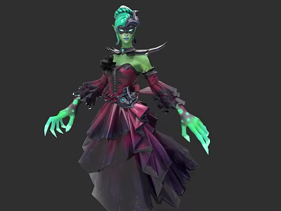 Mystical Game Movie Character With Green Skin Green Hair And Layered Red Purple Dress 3d model