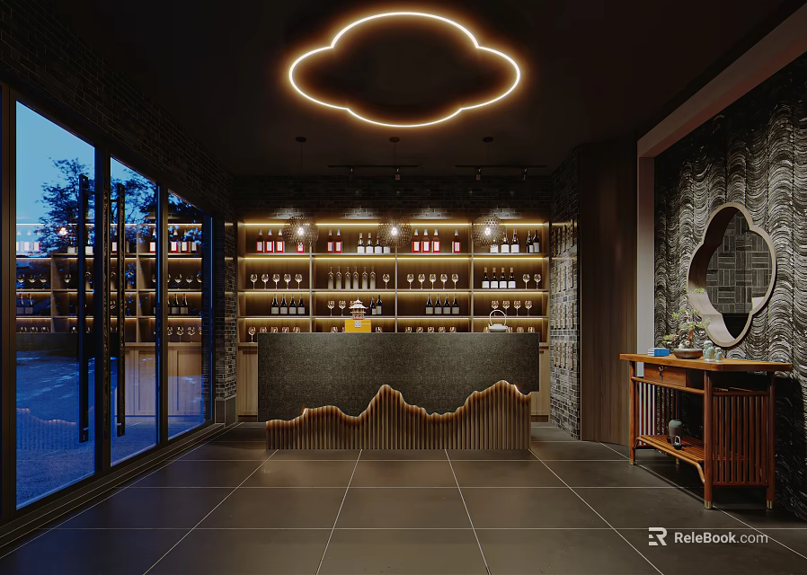 Elegant Modern Restaurant Interior With Cloud Shaped Lighting Wine Racks And Bar Counter 3d model 
