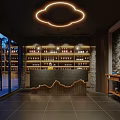 Elegant Modern Restaurant Interior With Cloud Shaped Lighting Wine Racks And Bar Counter