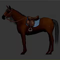 Realistic Brown Horse With Leather Saddle And Blue Saddle Pad