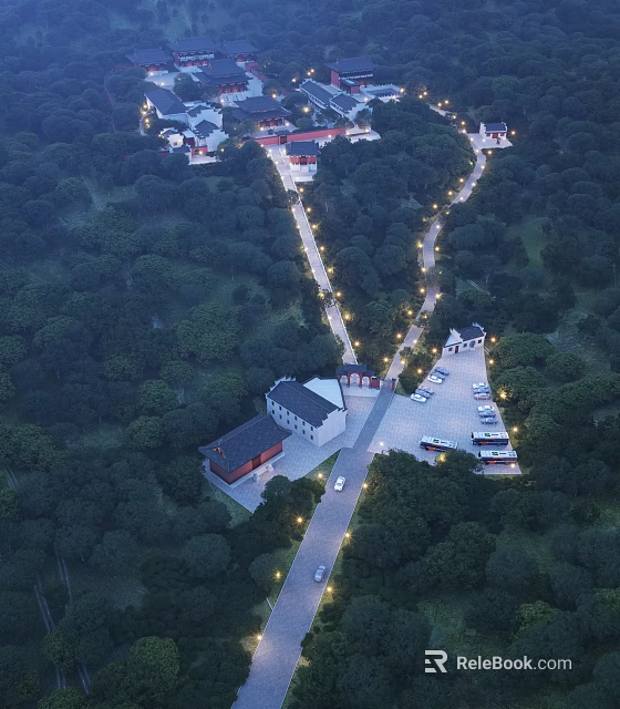 Aerial View of Ancient Architecture Complex with Lush Trees and Illuminated Roads 3d model 