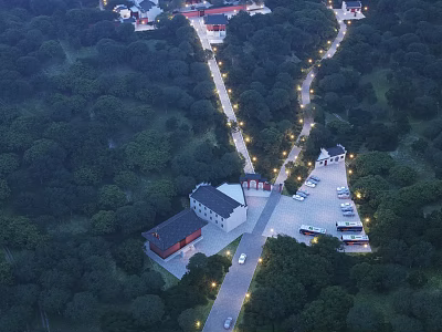 Aerial View of Ancient Architecture Complex with Lush Trees and Illuminated Roads 3d model