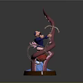 Cartoon Character In Blue Grabbing Octopus Tentacle With Metal Chain And Water Splash On Base