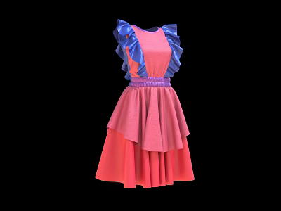 Pink Sleeveless Dress With Blue Ruffles Purple Belt And Layered Skirt 3d model