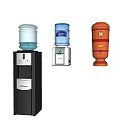 Modern Stand Up Water Dispensers with Black Silver Orange Design and Blue Water Bottles