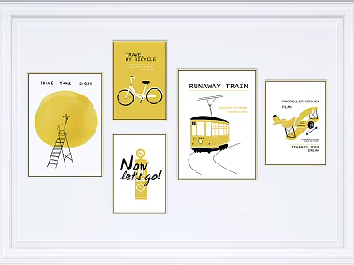 Modern Photo Wall with Bicycle Tram Airplane and Travel Inspired Decorative Prints 3d model