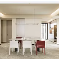 Modern Restaurant Interior With Dining Table White Red Chairs And Hanging Lighting 3d model