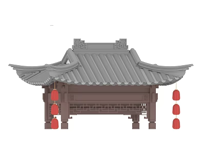 Traditional Chinese Architectural Component with Gray Tiled Roof Overhanging Eaves and Red Lanterns 3d model