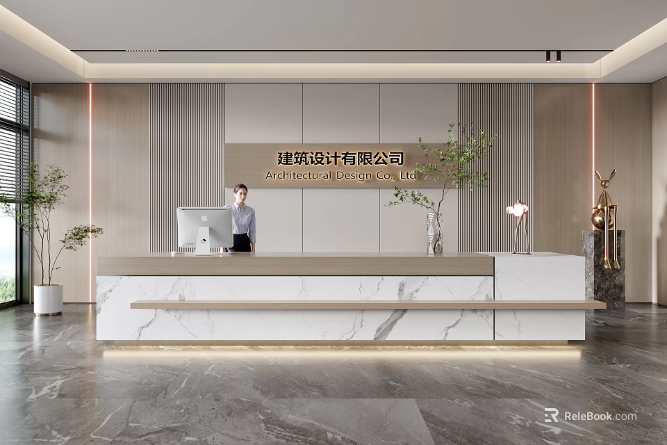 Elegant Modern Reception Desk for Architectural Design Firm With Marble Countertop Receptionist and Lighting 3d model 
