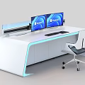 Modern White Office Desk With Dual Monitors Office Chair And LED Lighting
