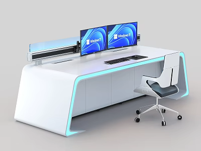 Modern White Office Desk With Dual Monitors Office Chair And LED Lighting 3d model