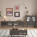Wooden TV Stand With Glass Doors Black Drawers Table Lamp And Wall Art
