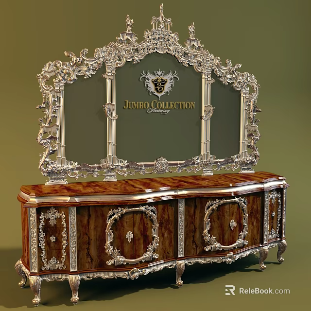 Ornate Entrance Sideboard Cabinet With Carved Detailing Wooden Surface Silver Metal Accents And Top Mirror 3d model 