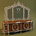 Ornate Entrance Sideboard Cabinet With Carved Detailing Wooden Surface Silver Metal Accents And Top Mirror