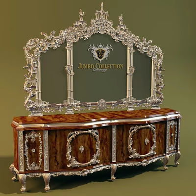 Ornate Entrance Sideboard Cabinet With Carved Detailing Wooden Surface Silver Metal Accents And Top Mirror 3d model