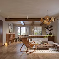 Cozy Living Room Interior With Wooden Chandelier Fireplace With Flames Rocking Chair And Coffee Table