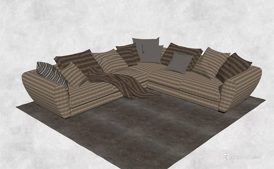 Striped Sectional Sofa With Multiple Brown Beige Cushions On Dark Rug Interior 3d model