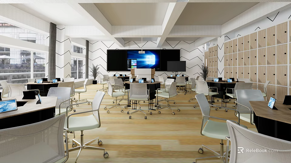 School Modern Classroom Learning Space With Comfortable Desks Chairs And Large Screen 3d model 