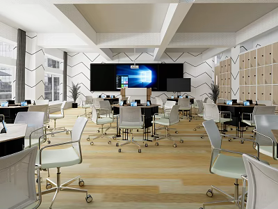 School Modern Classroom Learning Space With Comfortable Desks Chairs And Large Screen 3d model