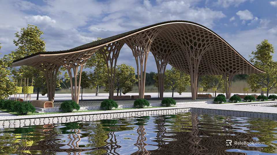 Curved Wooden Pavilion With Honeycomb Roof And Water Reflection In Garden Landscape 3d model 
