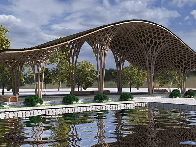 Curved Wooden Pavilion With Honeycomb Roof And Water Reflection In Garden Landscape 3d model