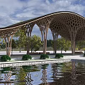 Curved Wooden Pavilion With Honeycomb Roof And Water Reflection In Garden Landscape