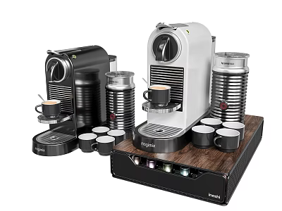 Modern Coffee Maker Appliances In Black And White With Coffee Cups Capsules And Tray 3d model