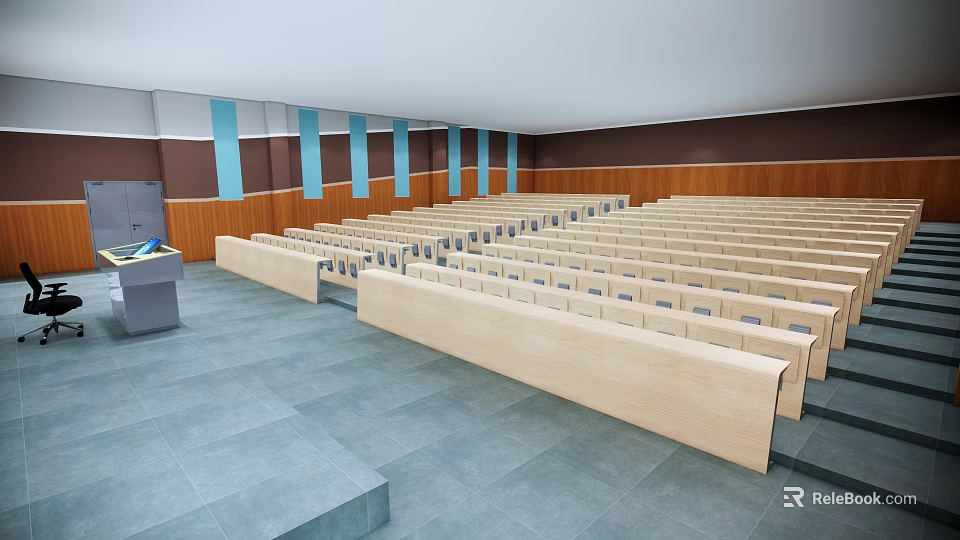 Conference Room Interior With Rows of Seats Wooden Walls Blue Stripes and Gray Floor Tiles 3d model 