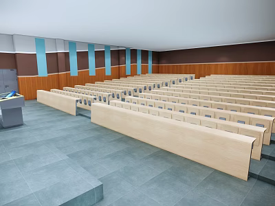 Conference Room Interior With Rows of Seats Wooden Walls Blue Stripes and Gray Floor Tiles 3d model