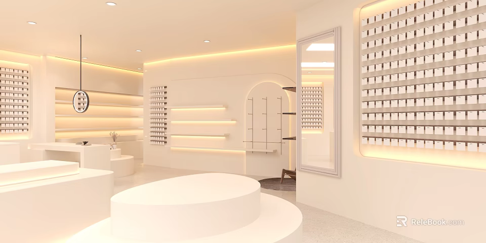 Elegant Modern Jewelry Store Interior With Display Shelves Mirrors And Warm Lighting 3d model 