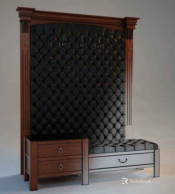 Modern Shoe Cabinet With Wooden Frame Quilted Leather Panel And Storage Bench 3d model 