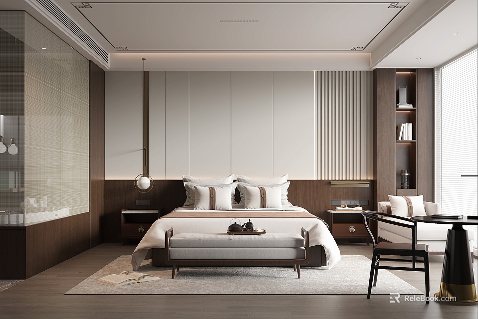 Modern Hotel Guest Room Interior Design With Bed Nightstand And Bench 3d model 