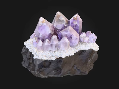 Purple Stone Crystal Cluster with Wooden Base and Reflection on Black Background 3d model
