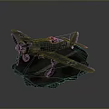 Vintage Dark Green Fighter Aircraft 3D Model With Rock Base And Propeller