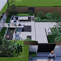 Lush Courtyard Garden Pathway With Person Walking Cacti Plants And Flower Pots
