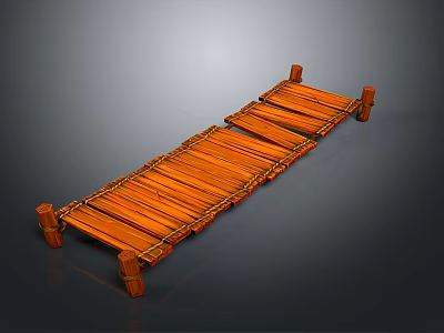 Traditional Handmade Bamboo Bridge With Wooden Slats And Support Pillars Structure 3d model