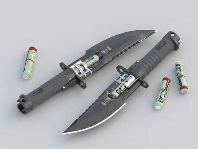 Tactical Weapon Knives With Black Handles Stainless Steel Blades And Ammunition Cartridges 3d model