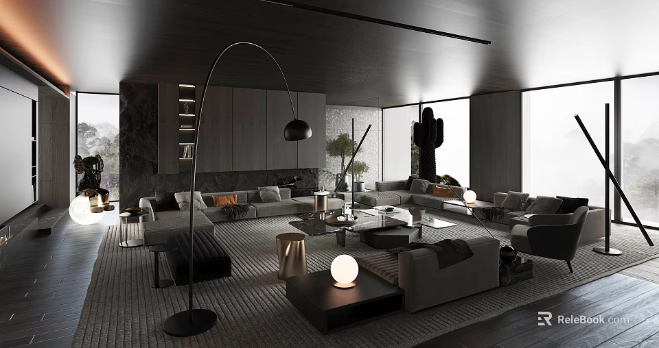 Modern Living Room Interior With Sofas Floor Lamp Coffee Tables Cactus And Large Windows 3d model 
