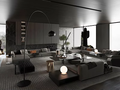 Modern Living Room Interior With Sofas Floor Lamp Coffee Tables Cactus And Large Windows 3d model