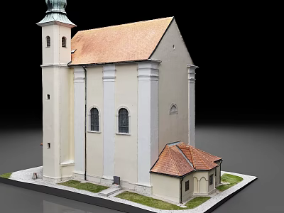 Detailed White Church Model With Brown Roof Tower Green Spire And Lawn 3d model