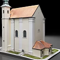 Detailed White Church Model With Brown Roof Tower Green Spire And Lawn