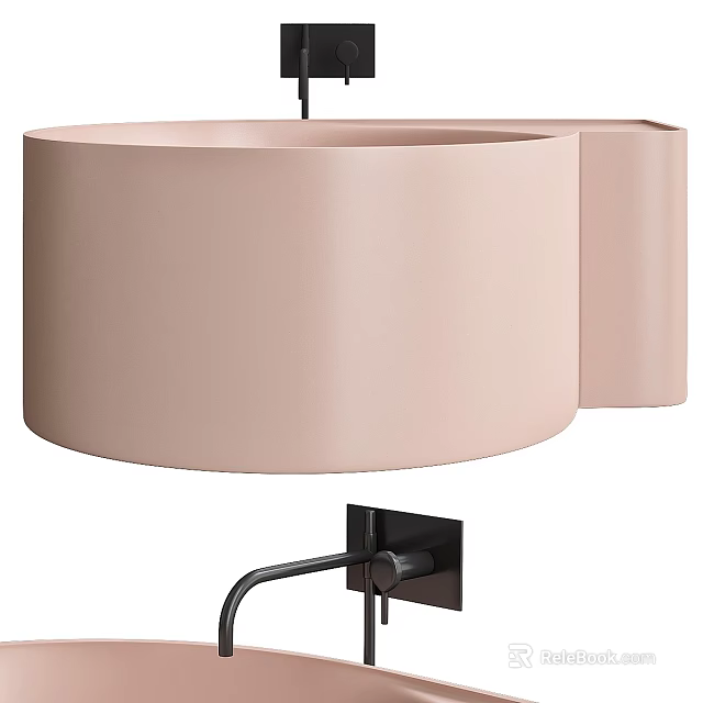 Modern Light Pink Bathtub With Smooth Surface And Black Wall Mounted Faucet 3d model 